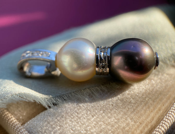 Modern Black And White Pearl Pendant with Diamonds in 14k White Gold