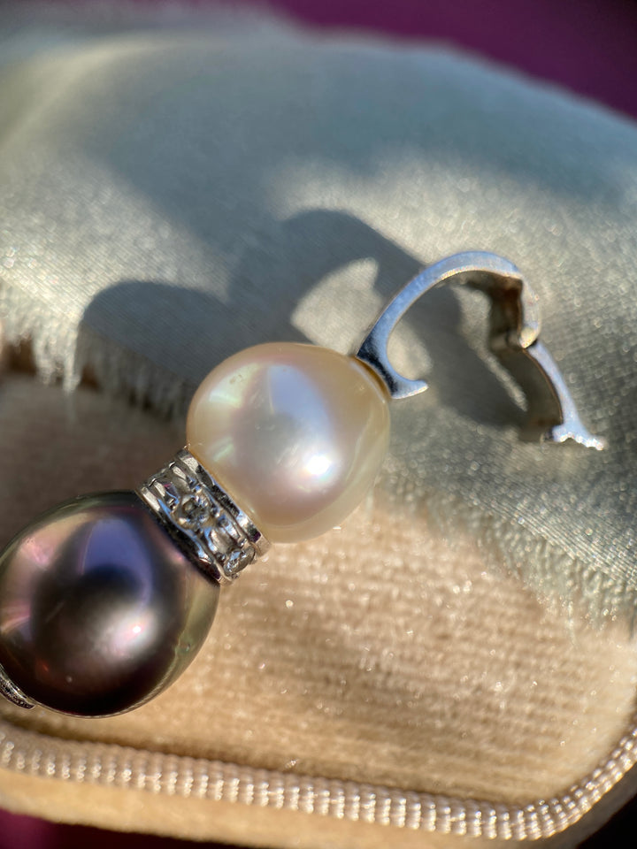 Modern Black And White Pearl Pendant with Diamonds in 14k White Gold