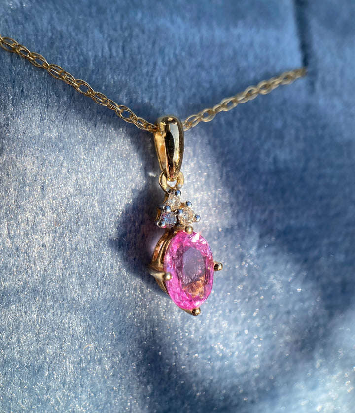 Peony Bloom Natural Pink Sapphire And Diamond Necklace in 14k Yellow Gold 18”