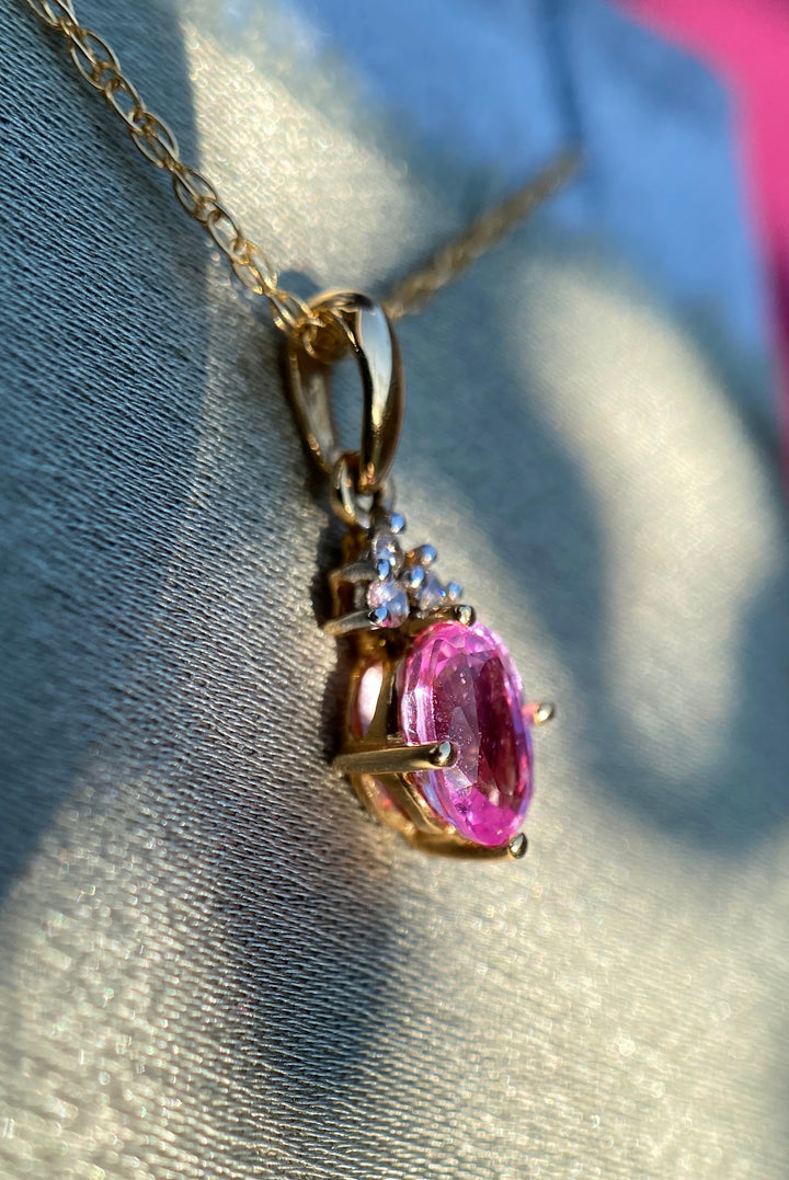 Peony Bloom Natural Pink Sapphire And Diamond Necklace in 14k Yellow Gold 18”