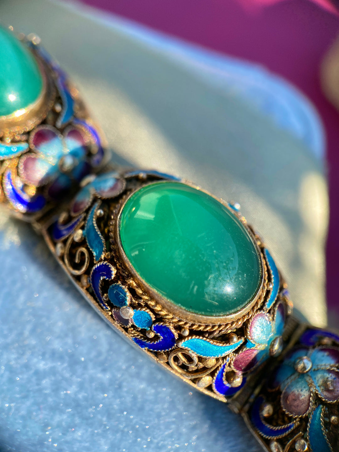 Vintage Chinese Export Silver Bracelet With Chrysoprase And Floral Enamel in Gilded Silver