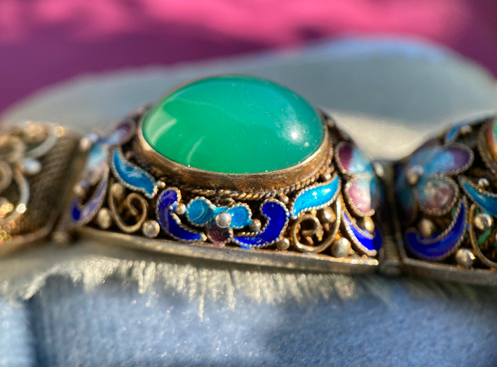 Vintage Chinese Export Silver Bracelet With Chrysoprase And Floral Enamel in Gilded Silver