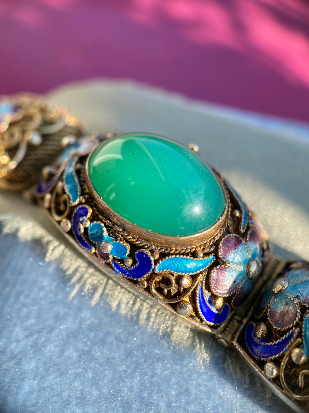 Vintage Chinese Export Silver Bracelet With Chrysoprase And Floral Enamel in Gilded Silver