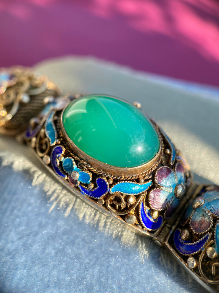 Vintage Chinese Export Silver Bracelet With Chrysoprase And Floral Enamel in Gilded Silver