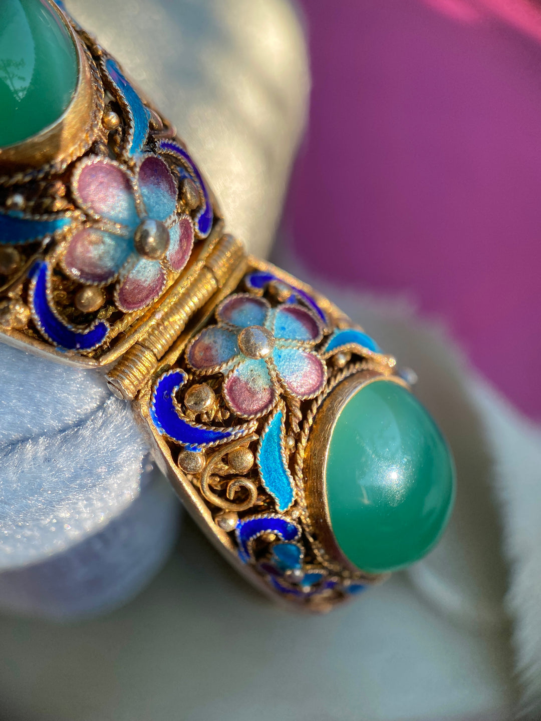 Vintage Chinese Export Silver Bracelet With Chrysoprase And Floral Enamel in Gilded Silver