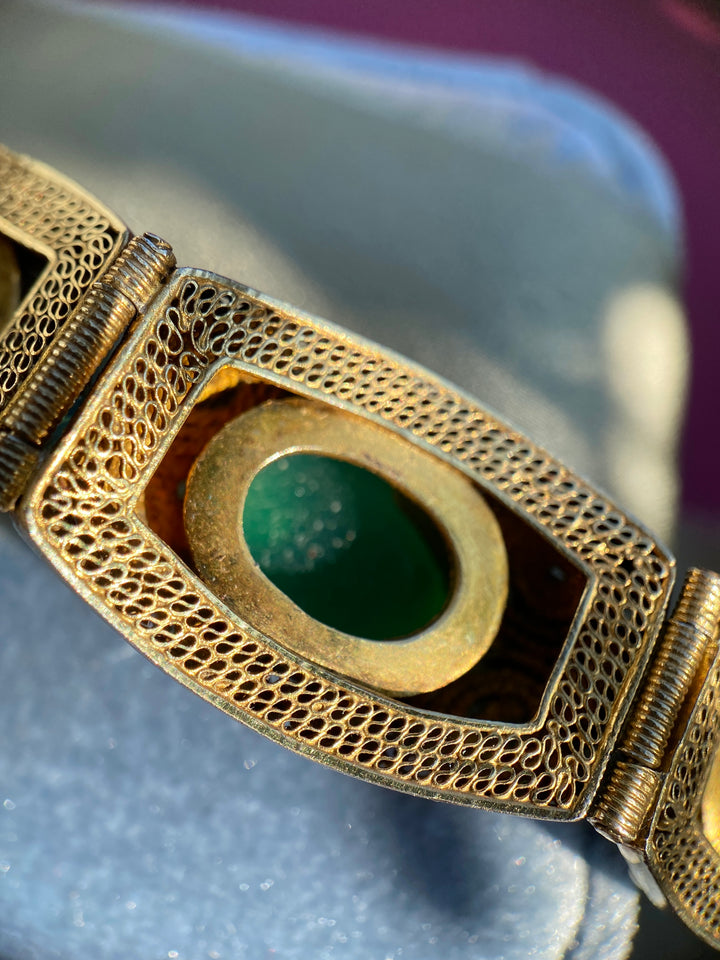 Vintage Chinese Export Silver Bracelet With Chrysoprase And Floral Enamel in Gilded Silver