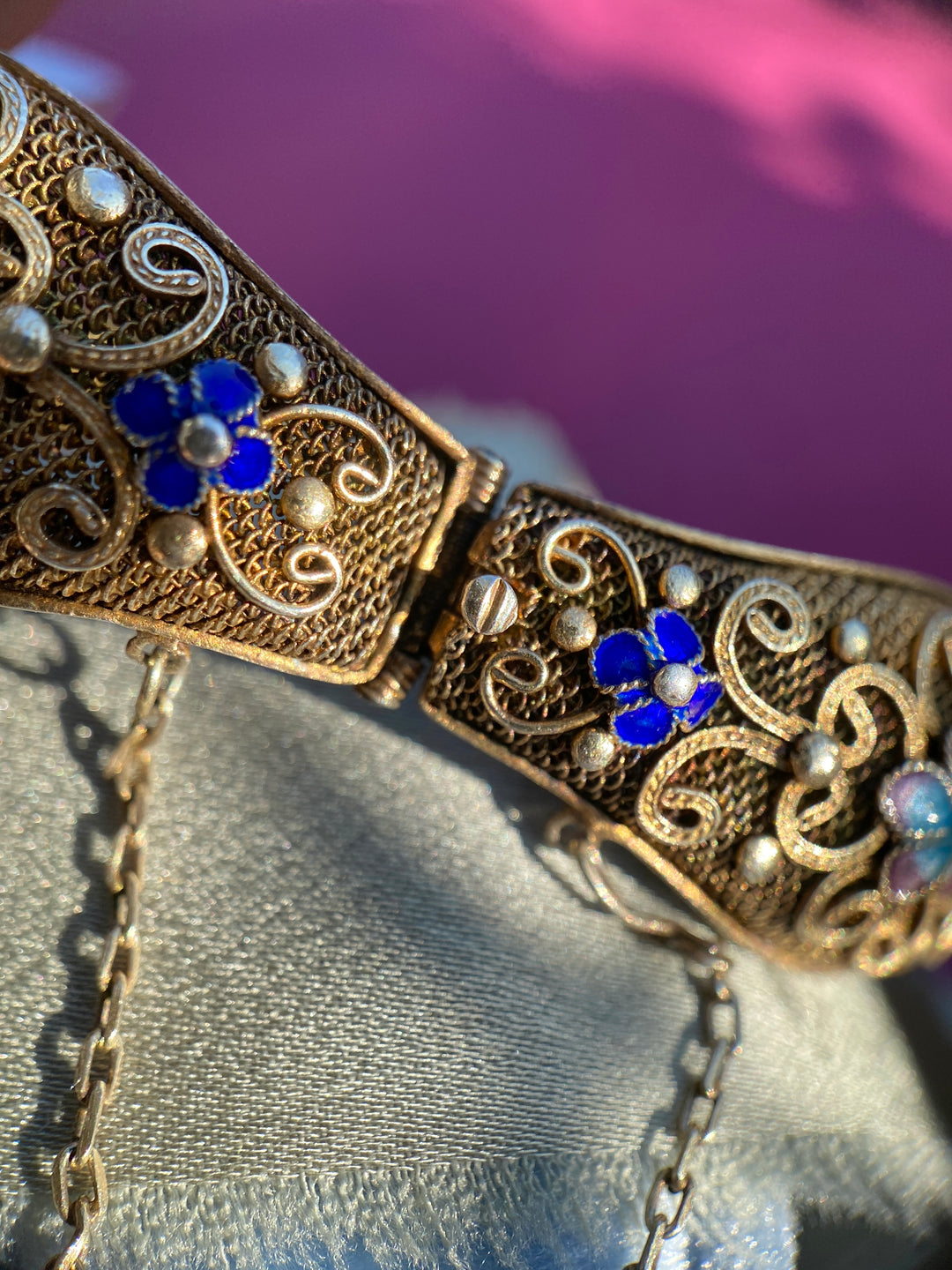 Vintage Chinese Export Silver Bracelet With Chrysoprase And Floral Enamel in Gilded Silver