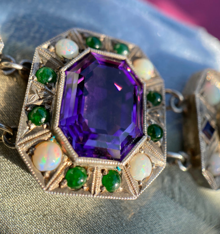 Vintage Sterling Silver Bracelet With Amethyst, Jade And Opal