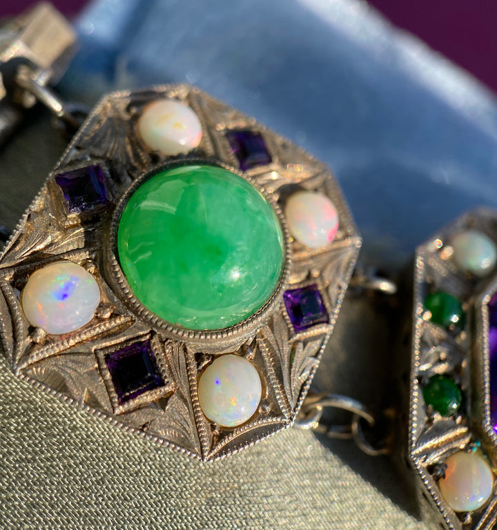 Vintage Sterling Silver Bracelet With Amethyst, Jade And Opal