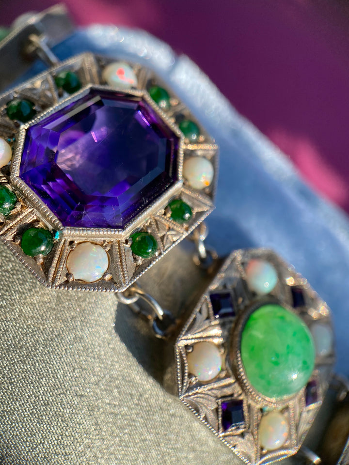 Vintage Sterling Silver Bracelet With Amethyst, Jade And Opal