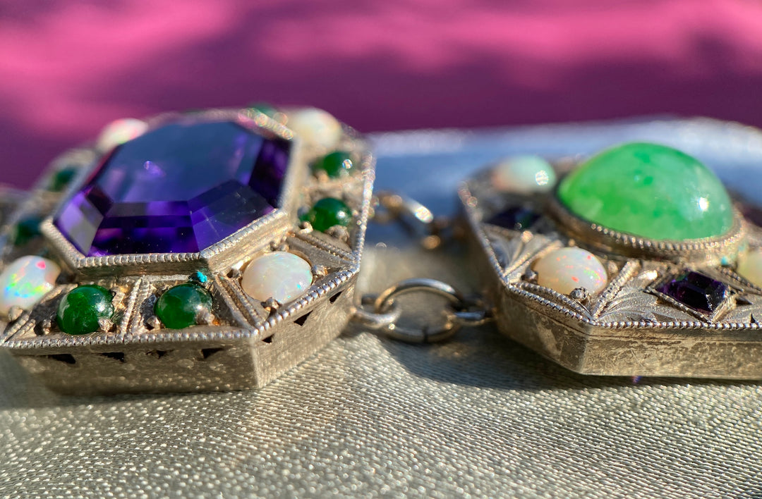Vintage Sterling Silver Bracelet With Amethyst, Jade And Opal