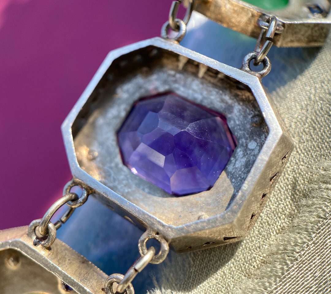 Vintage Sterling Silver Bracelet With Amethyst, Jade And Opal