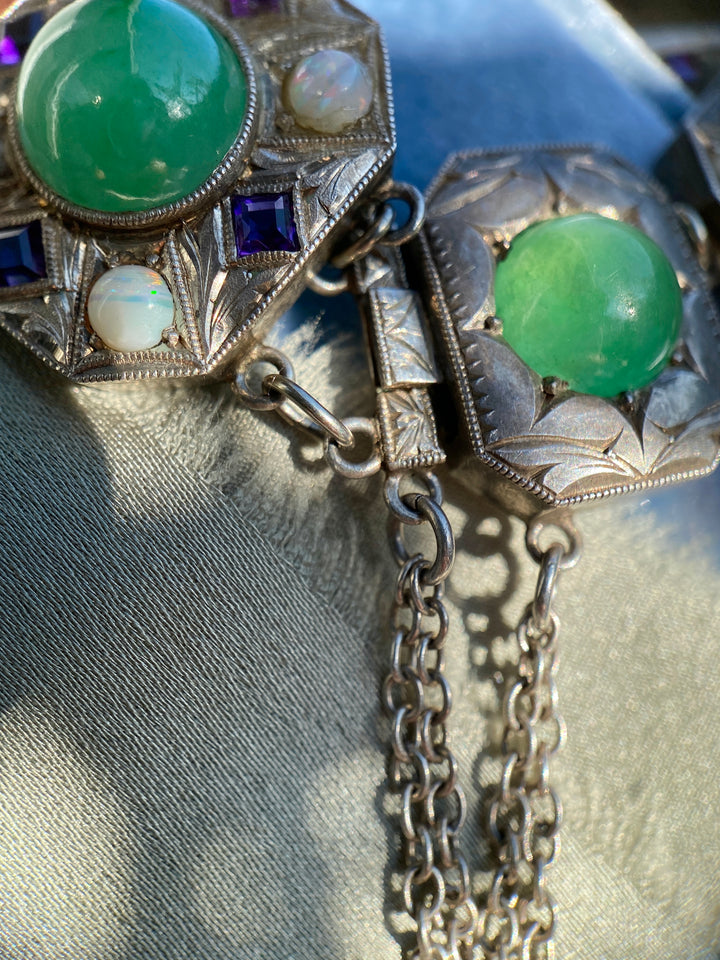Vintage Sterling Silver Bracelet With Amethyst, Jade And Opal