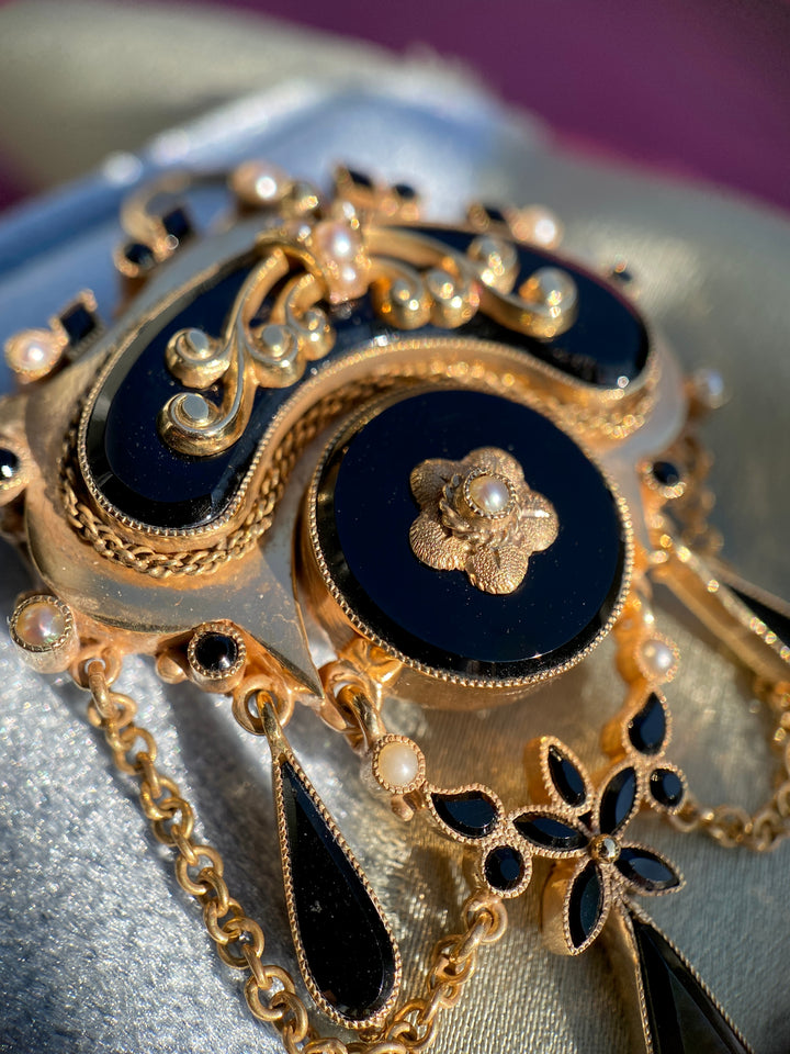 Victorian Onyx And Seed Pearl Pendant 10k Yellow Gold
