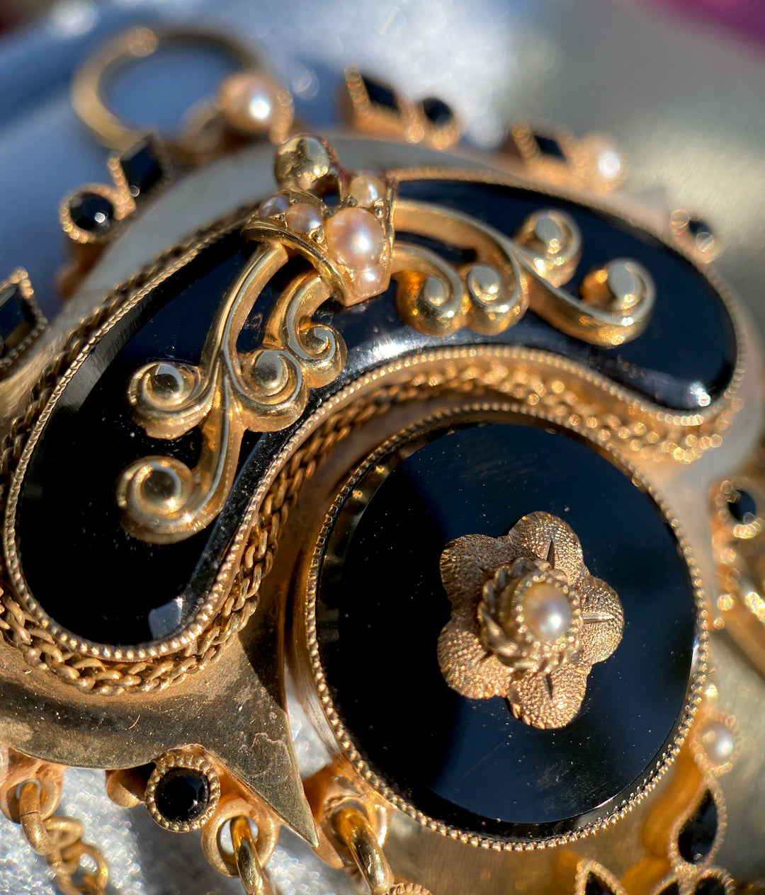Victorian Onyx And Seed Pearl Pendant 10k Yellow Gold