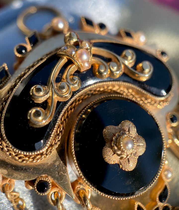 Victorian Onyx And Seed Pearl Pendant 10k Yellow Gold