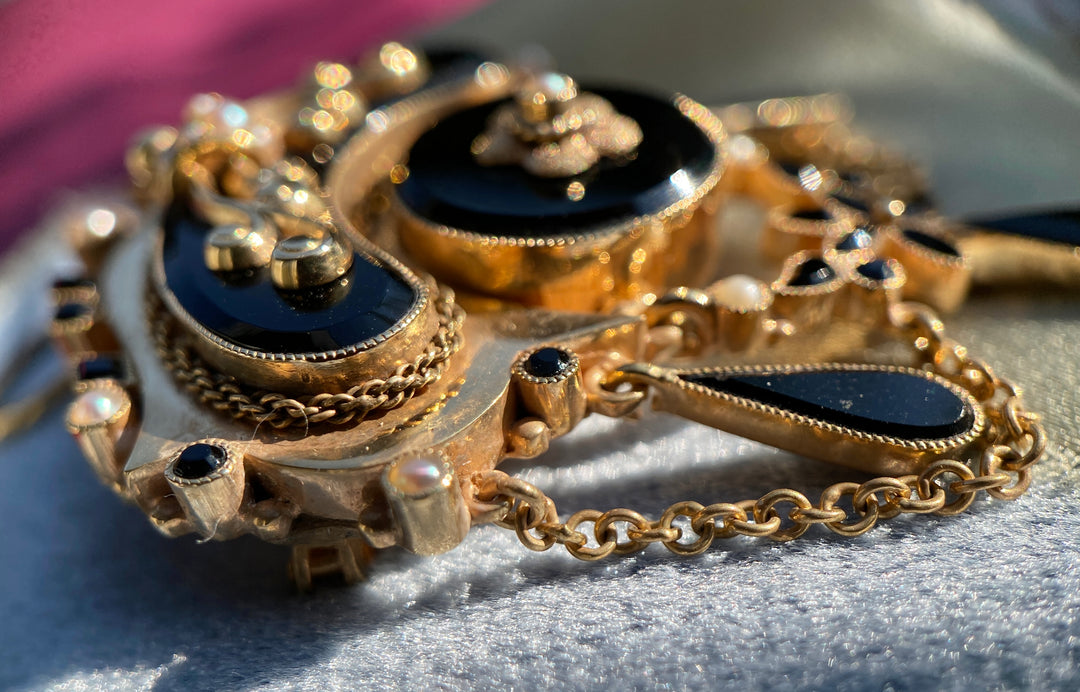 Victorian Onyx And Seed Pearl Pendant 10k Yellow Gold