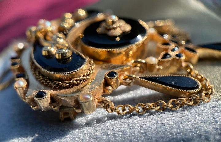 Victorian Onyx And Seed Pearl Pendant 10k Yellow Gold