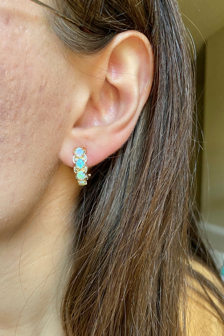 Iridescent Natural Opal and Diamond Huggies in 14k Yellow Gold
