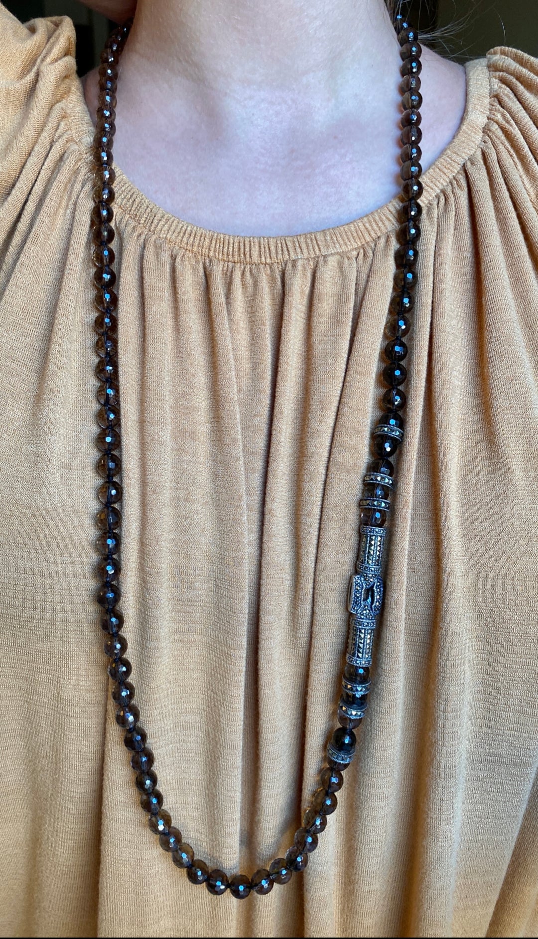 Vintage Judith Jack Necklace With Smokey Quarts and Marcasite in Sterling Silver 36.5"