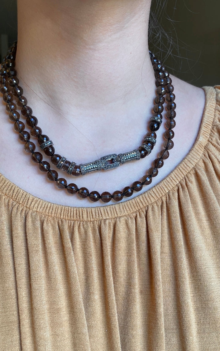 Vintage Judith Jack Necklace With Smokey Quarts and Marcasite in Sterling Silver 36.5"