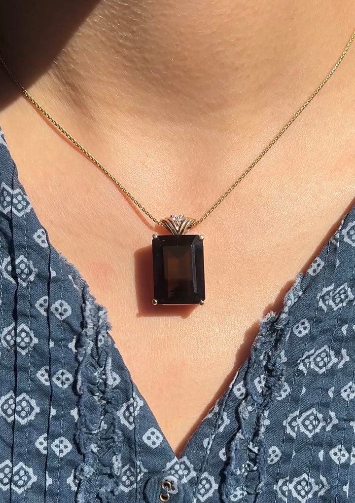 27 Carat Smokey Brown Topaz Pendant with Diamond Accents in 14k Yellow Gold