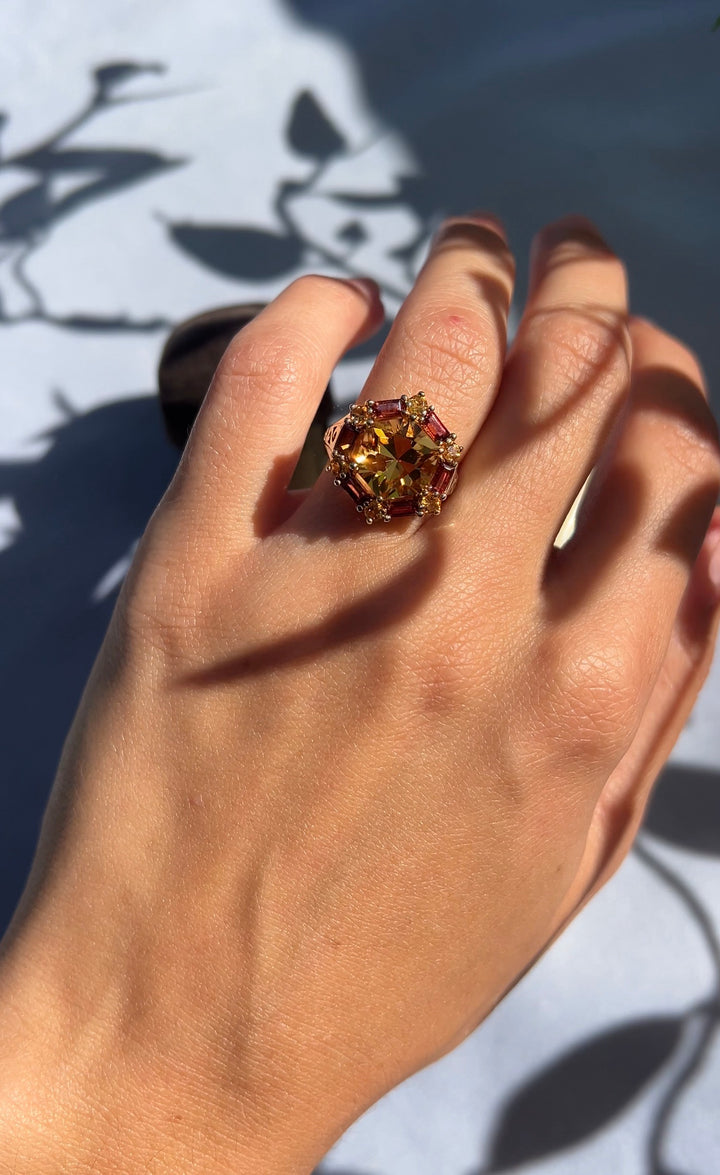 Warm Sunset Citrine And Garnet Vintage Statement TCW 4.92 Ring in 10k Yellow Gold