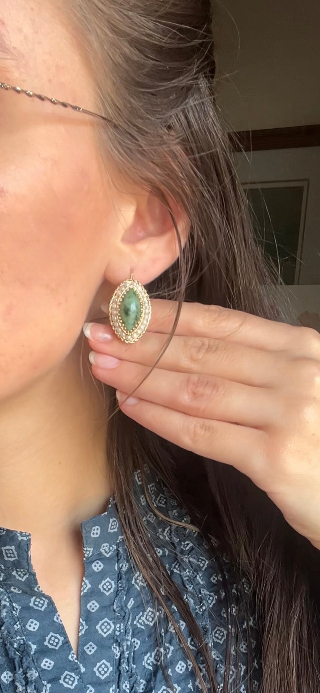 Nephrite Jade and Pearl Earrings in 14k Yellow Gold