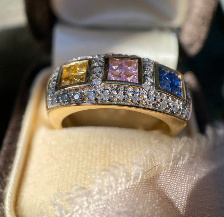 Celebration Natural Multicolored Sapphire and Diamond Ring in 14k White Gold