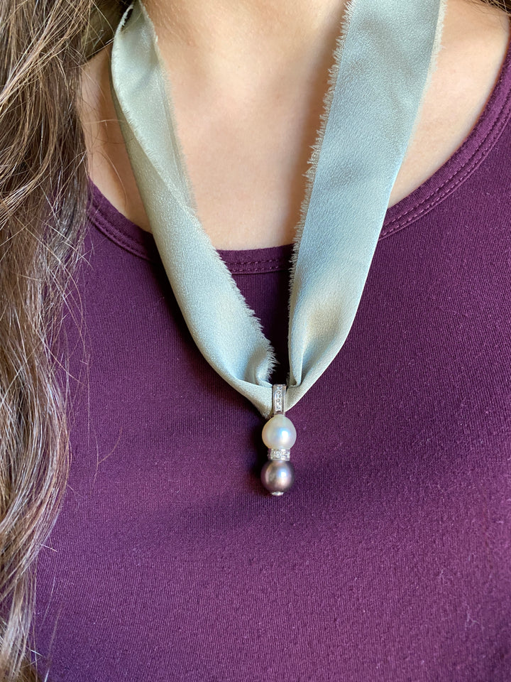 Modern Black And White Pearl Pendant with Diamonds in 14k White Gold