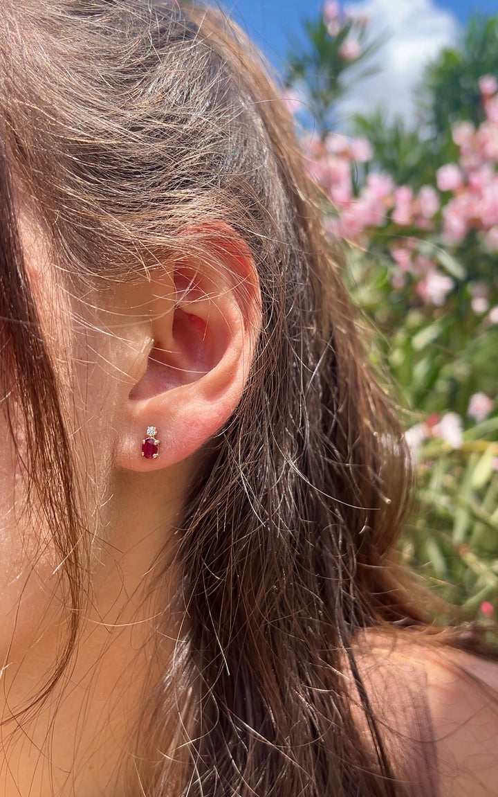Petal Pink Ruby And Diamond Studs in 14k Yellow Gold