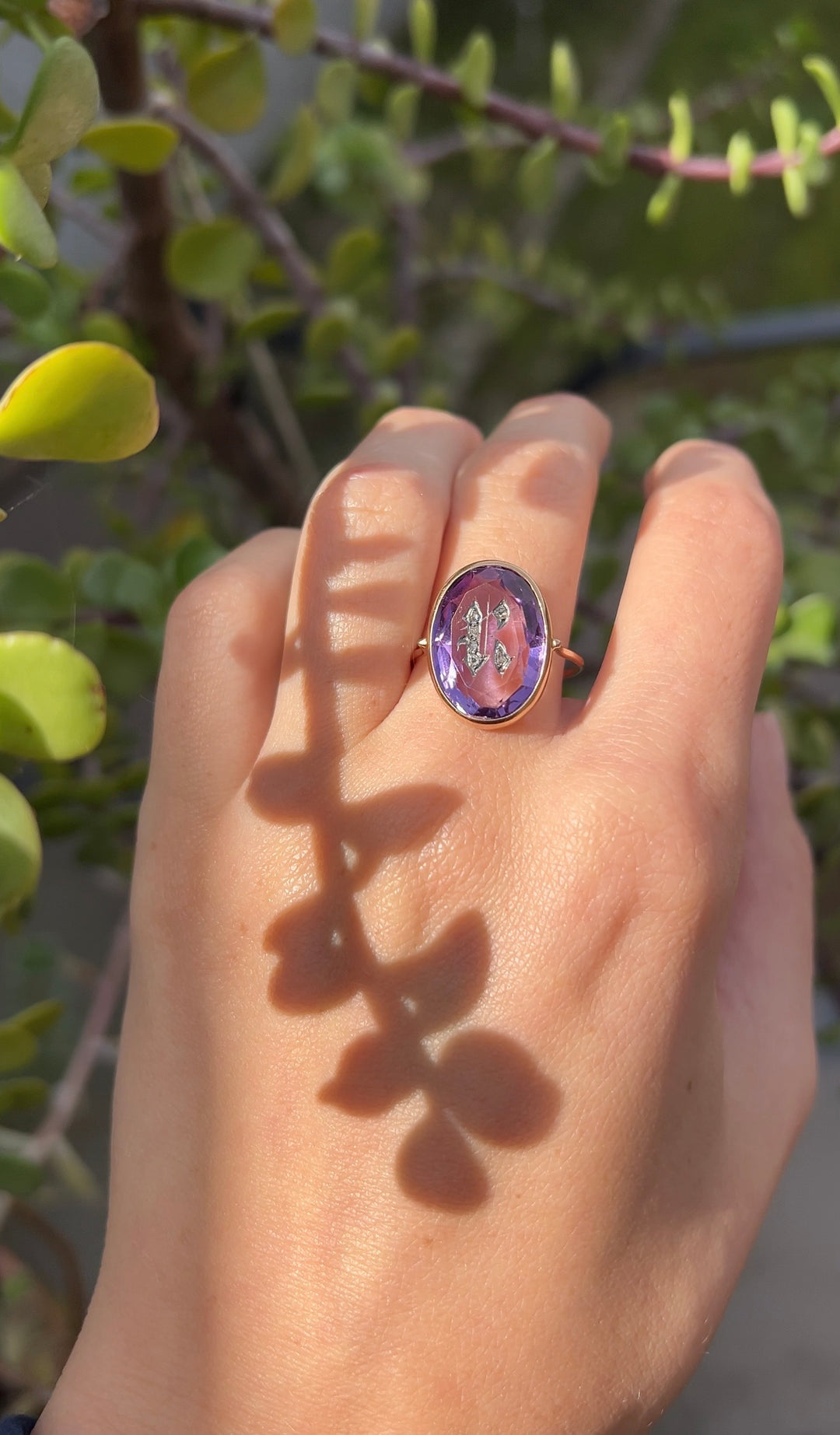 Antique Victorian Amethyst R Ring With Rose Cut Diamonds 14k Yellow Gold
