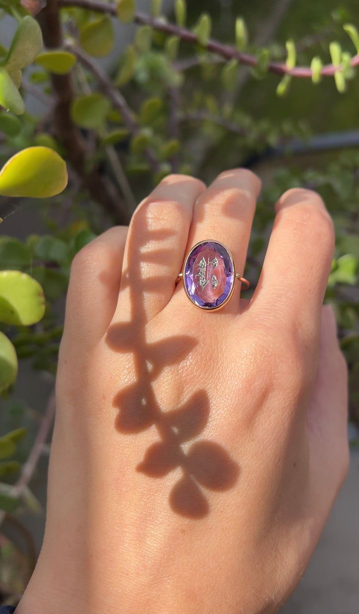 Antique Victorian Amethyst R Ring With Rose Cut Diamonds 14k Yellow Gold