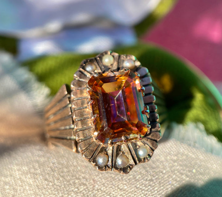 Victorian Sunrise Topaz and Seed Pearl Ring in 10k Rose Gold