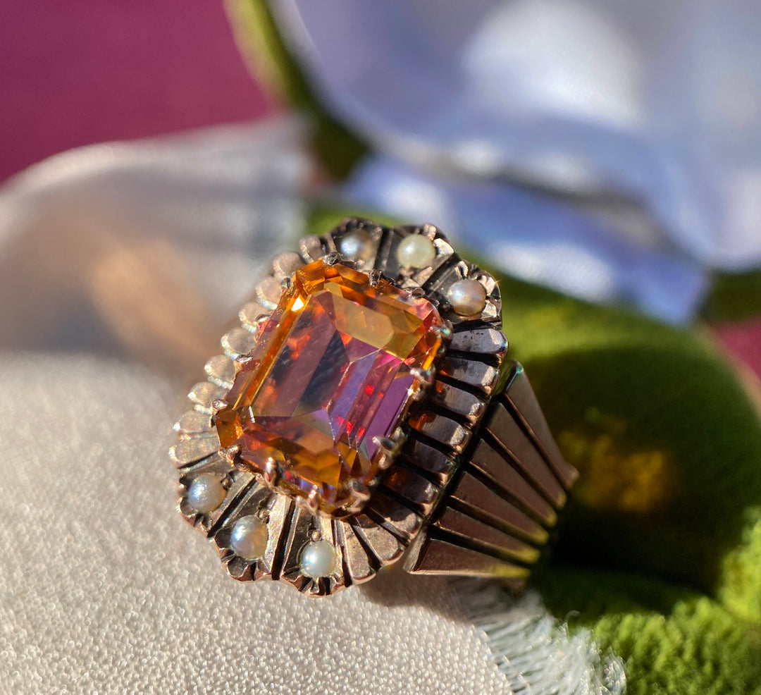 Victorian Sunrise Topaz and Seed Pearl Ring in 10k Rose Gold