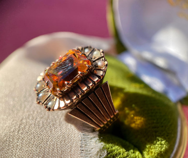 Victorian Sunrise Topaz and Seed Pearl Ring in 10k Rose Gold