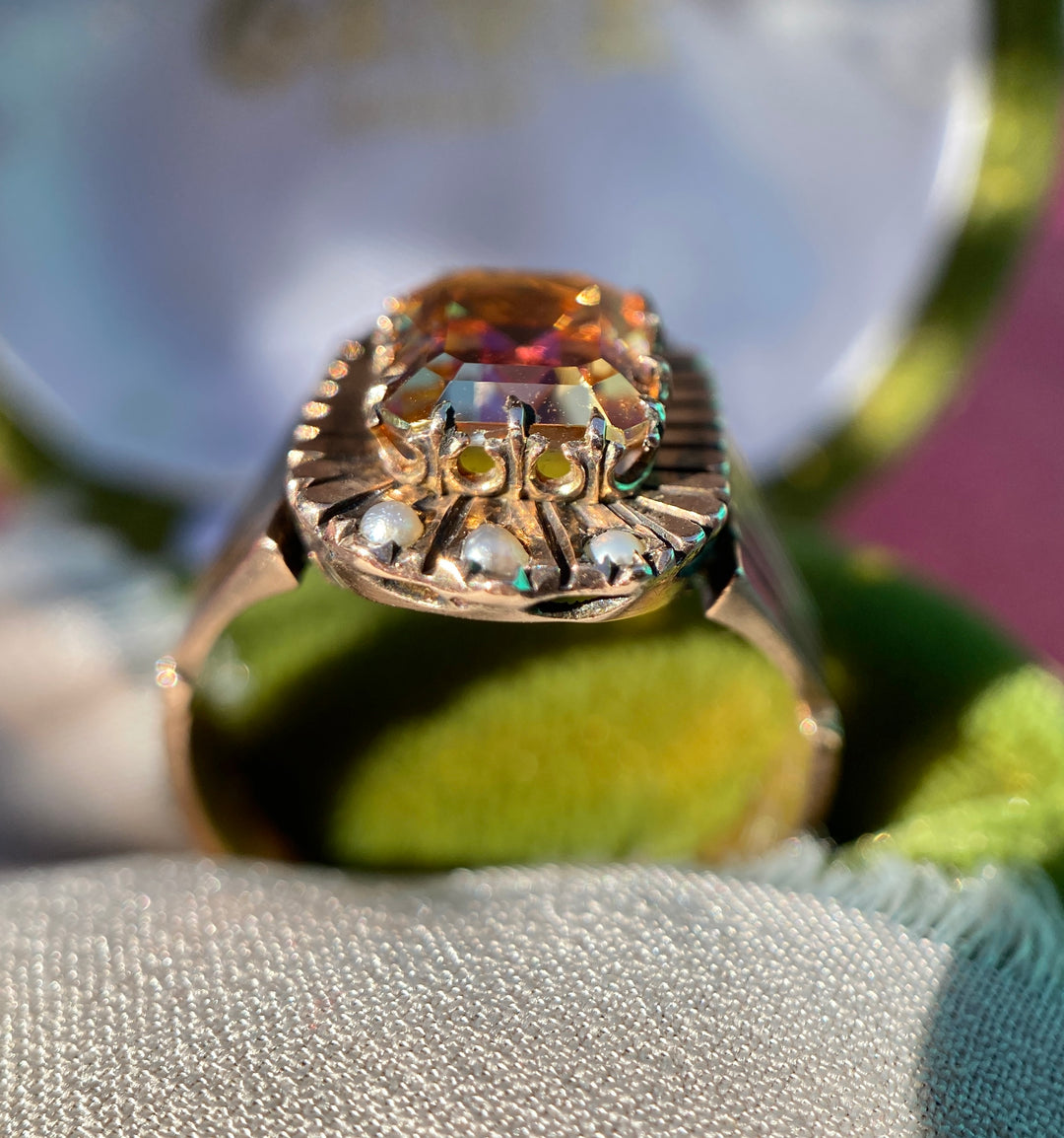 Victorian Sunrise Topaz and Seed Pearl Ring in 10k Rose Gold