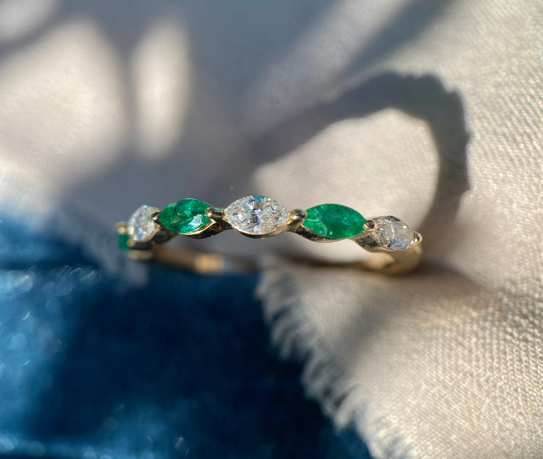 Marquise Natural Diamond and Emerald Band in 14k Yellow Gold