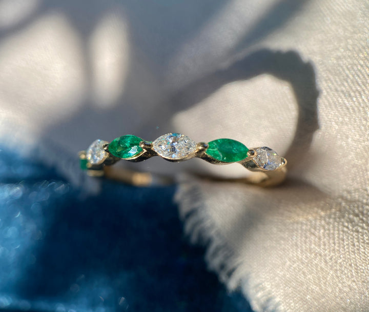 Marquise Natural Diamond and Emerald Band in 14k Yellow Gold