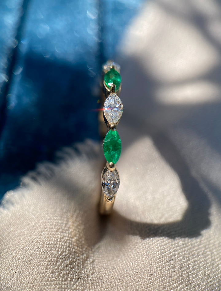 Marquise Natural Diamond and Emerald Band in 14k Yellow Gold