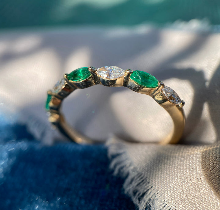 Marquise Natural Diamond and Emerald Band in 14k Yellow Gold