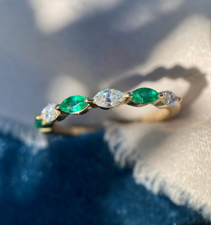 Marquise Natural Diamond and Emerald Band in 14k Yellow Gold
