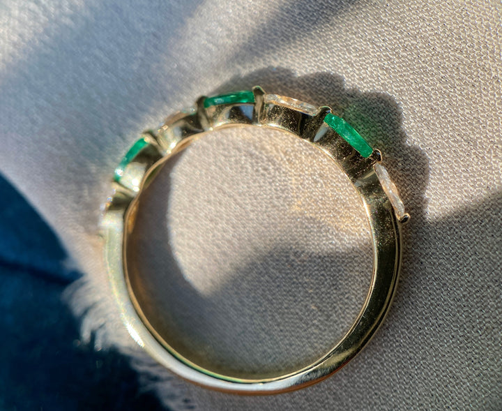 Marquise Natural Diamond and Emerald Band in 14k Yellow Gold