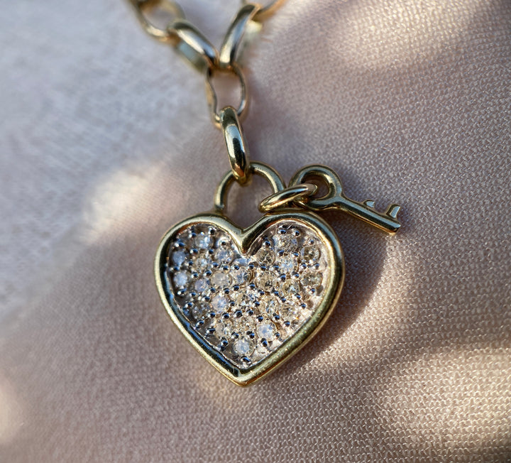 Vintage Padlock Diamond Heart Link Chain Bracelet In Solid 10k Yellow Gold 6.5"