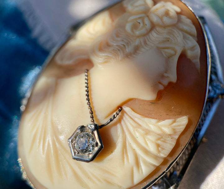 Late Art Deco Cameo and Old European Diamond Brooch,Pin or Pendant In 14k White Gold