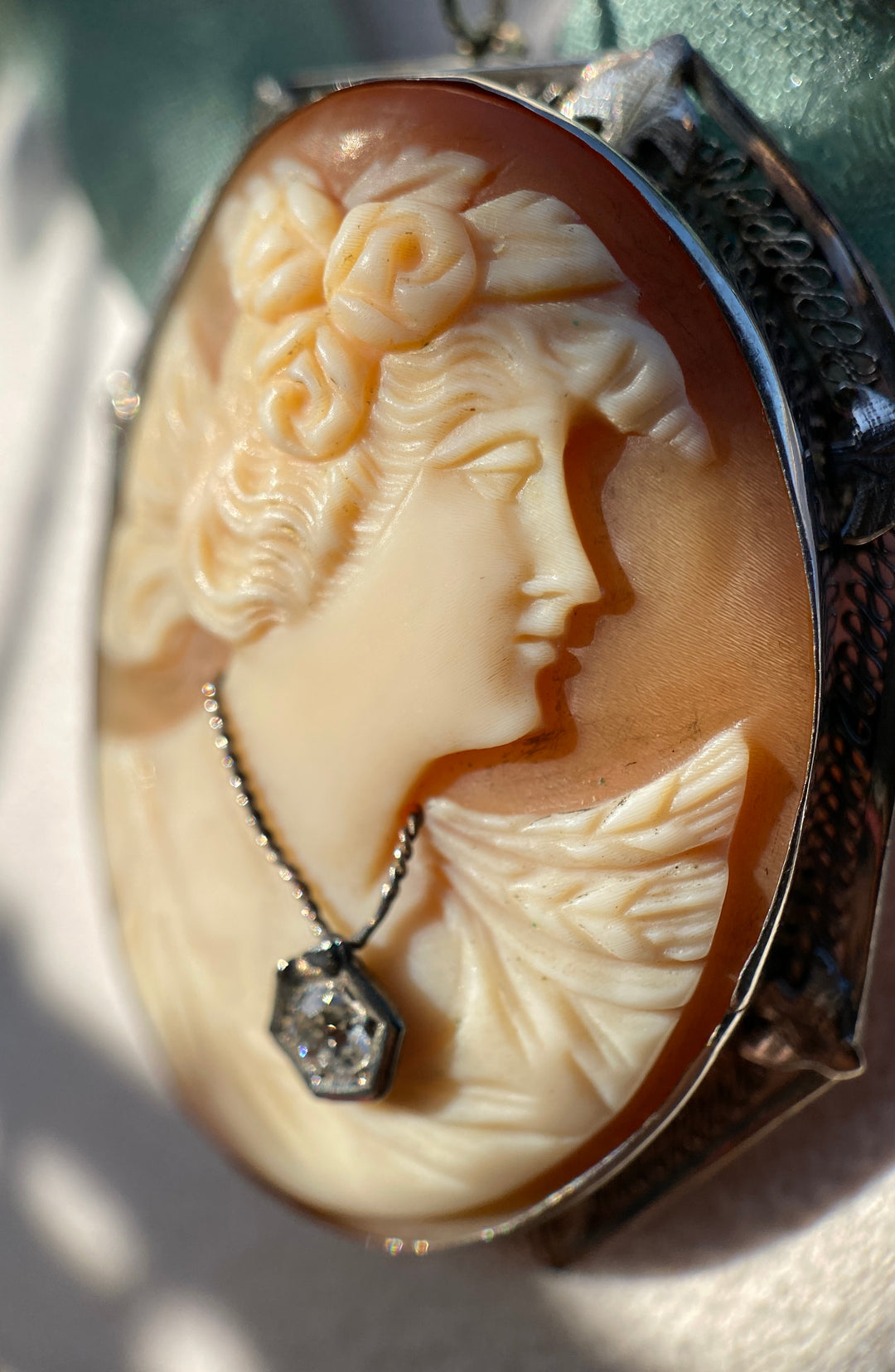 Late Art Deco Cameo and Old European Diamond Brooch,Pin or Pendant In 14k White Gold
