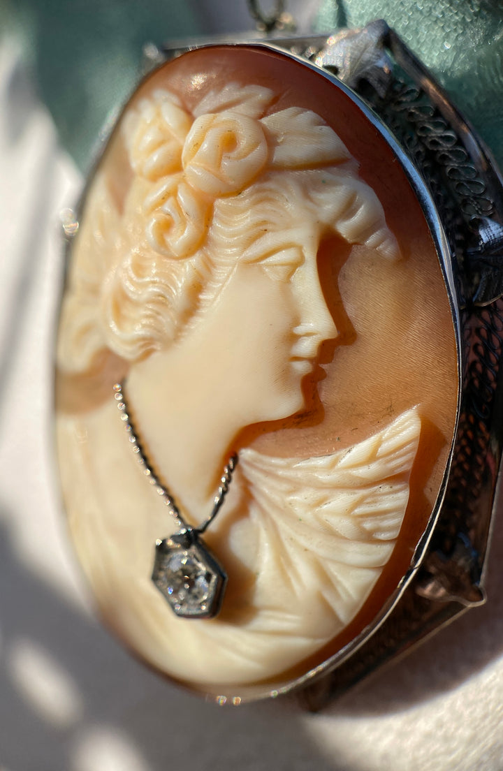 Late Art Deco Cameo and Old European Diamond Brooch,Pin or Pendant In 14k White Gold