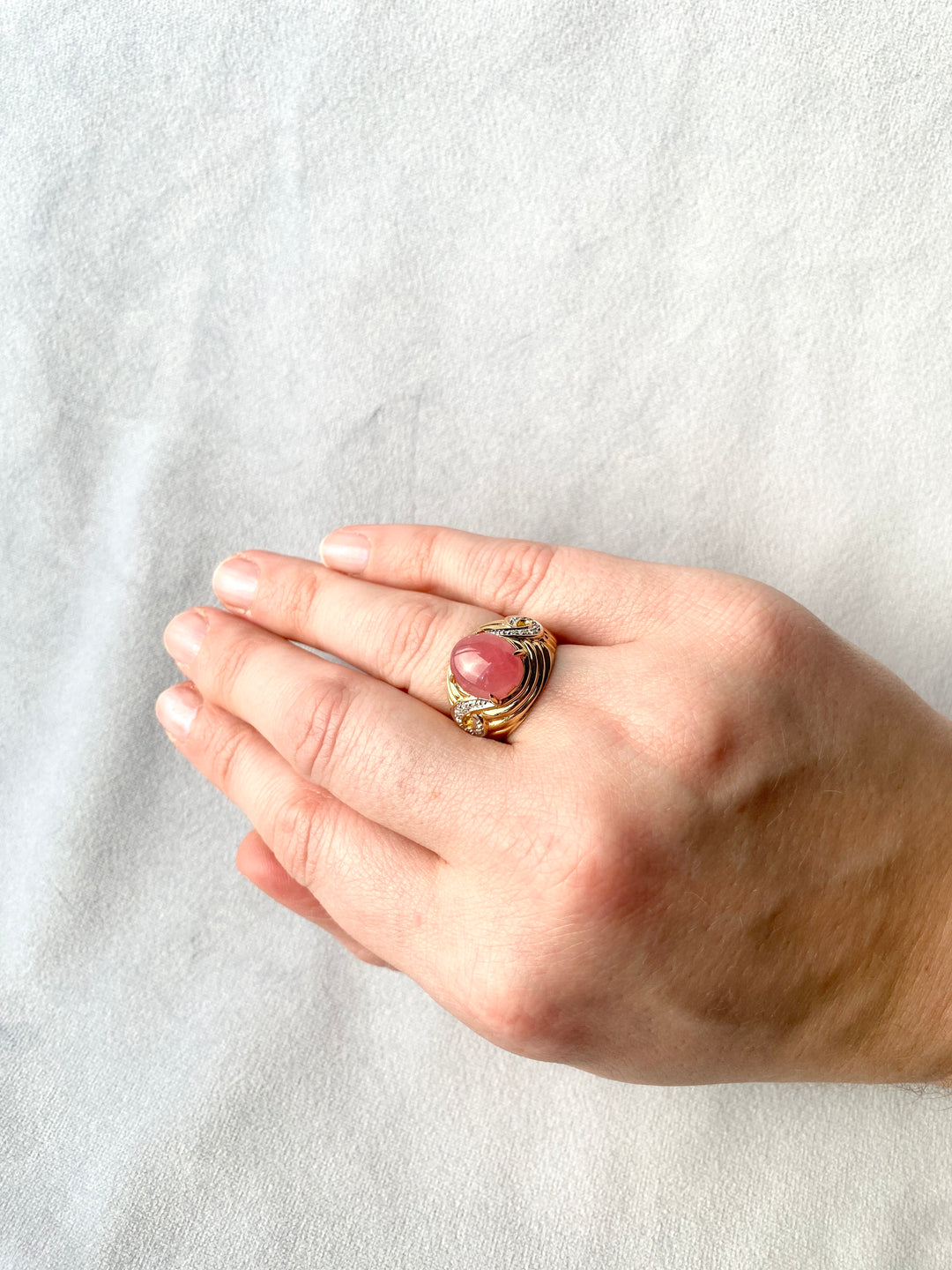 80’s Rhodochrosite and Diamond Ring in 14k Yellow Gold