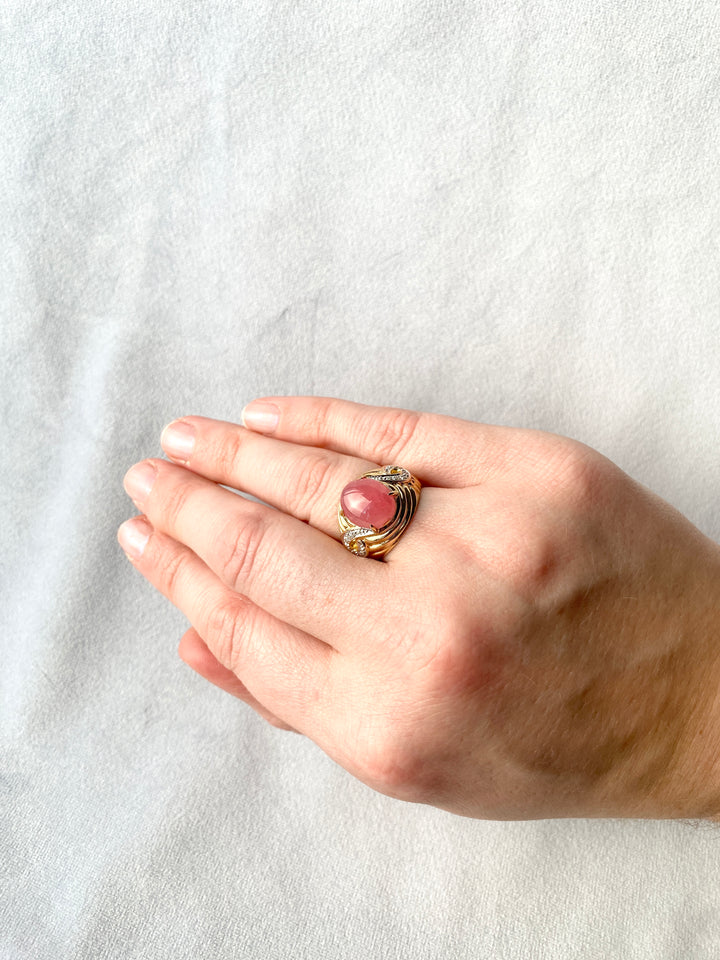 80’s Rhodochrosite and Diamond Ring in 14k Yellow Gold