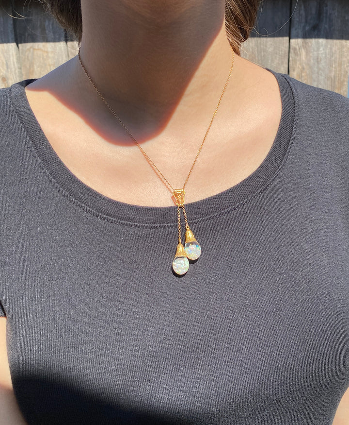Art Deco Floating Opal Necklace 14k Warm Yellow Gold 16.25”